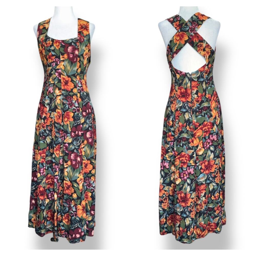 Vintage All That Jazz Dark Floral Black Crossback Maxi Dress Sleeveless Romantic